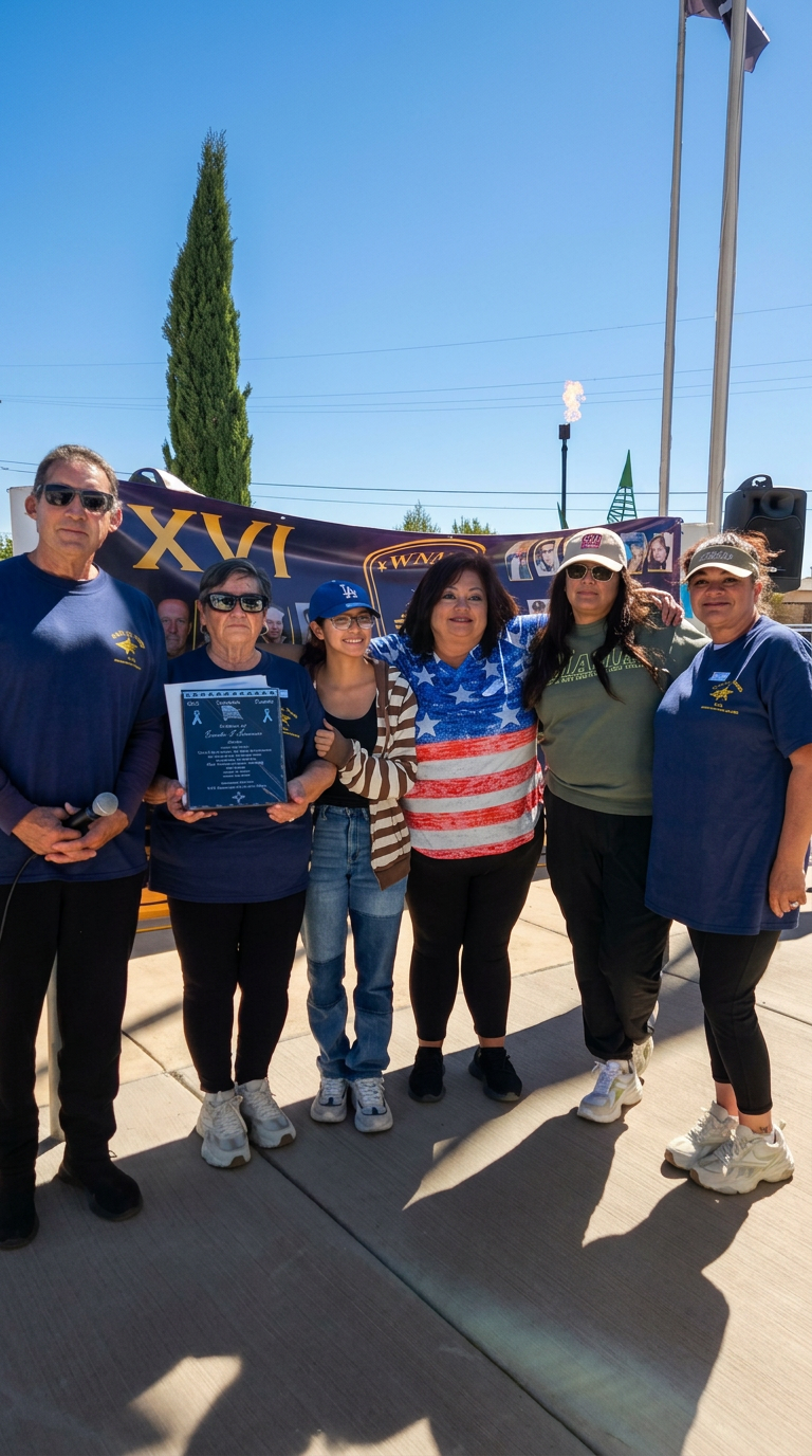 Family holding a memorial plaque honoring their veteran